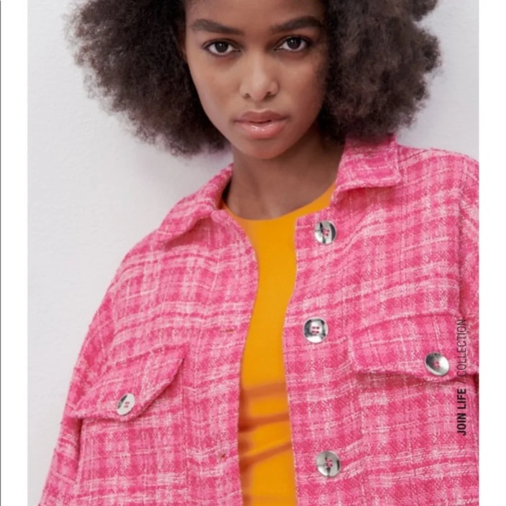 NWT ZARA WOVEN PLAID OVER SIZE SHIRT PINK / WHITE XS - Picture 3 of 8